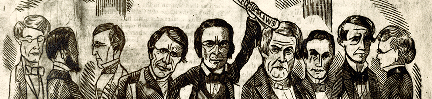 A drawing of a group of stern-looking men